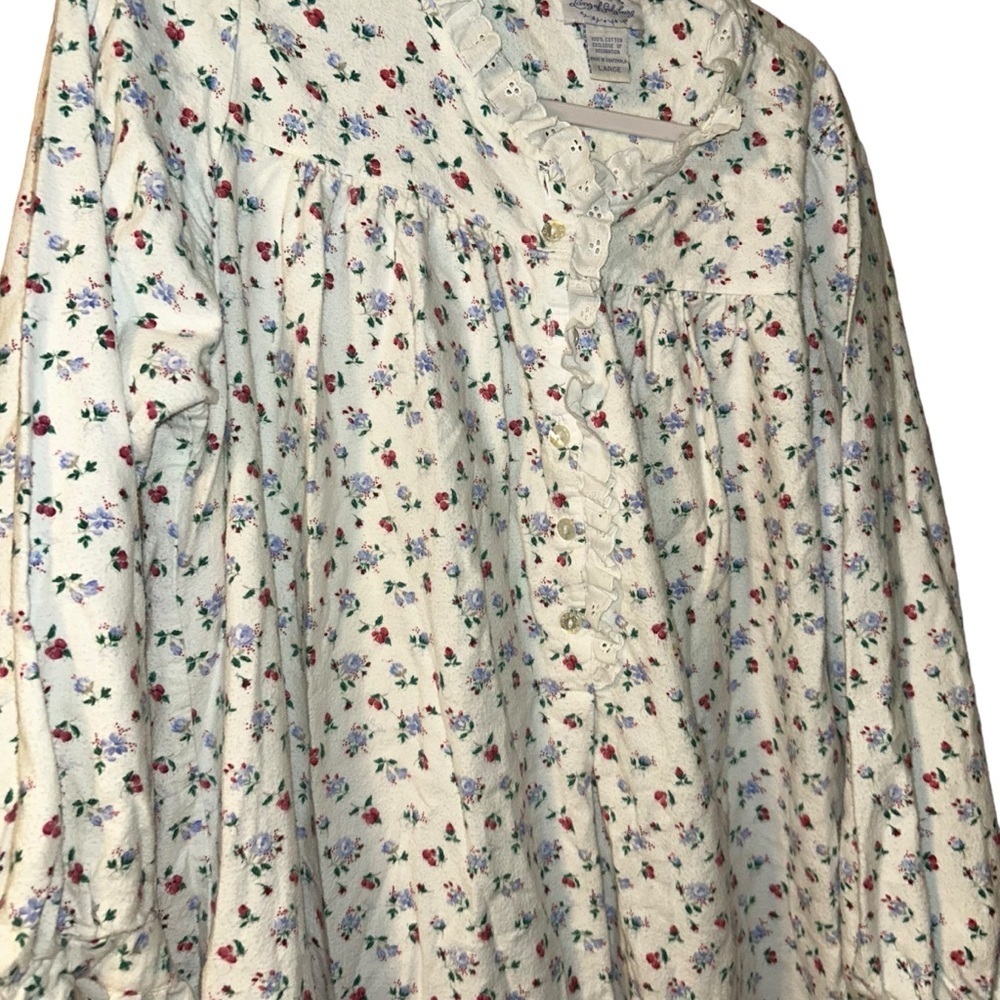 Lanz of Salzburg Womens Sz L white floral Flannel Nightgown 3/4 Sleeve Mid calf - Picture 3 of 4